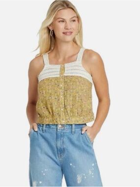 Crochet Trim Yellow Floral Tank Top
